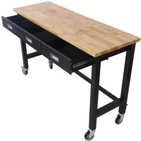 ZUN 60in Work Bench, Workbench with Drawer Storage, Heavy Duty Bamboo Wood Work Table with Wheels for W46560407