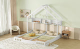 Wood Twin Size House Platform Beds,Two Shared Beds with Shelves and Guardrail, Creamy White WF310564AAA