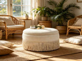 Round Storage Ottoman Bench, 23.23 Inch Upholstered Footstool with Tassel Fringe, 300 lbs W5501P548365