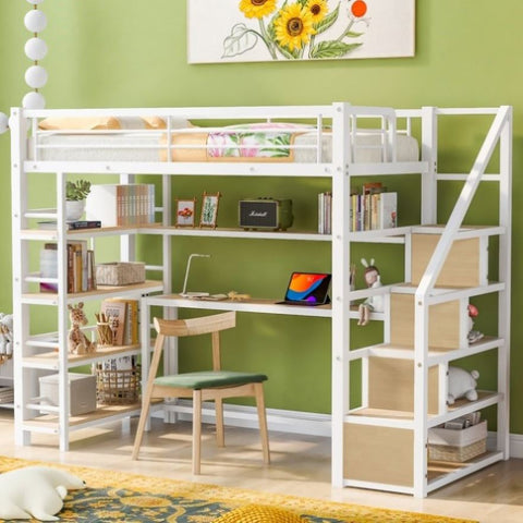 ZUN Twin Size Metal Loft bed with Staircase, Built-in Desk and Storage Shelves, White 68735084