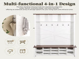 Farmhouse 4-in-1 Hall Tree with 6 Hooks, Walnut Entryway Bench with Shelves, Wooden Style Rustic 93005386