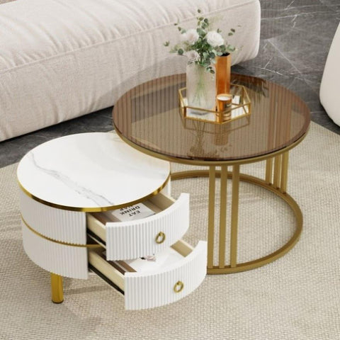 ZUN ON-TREND Φ27.5'' & Φ19.6'' Stackable Coffee Table with 2 Drawers, Nesting Tables with Brown Tempered WF320536AAK