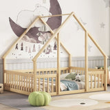 Full Wood House-Shaped Floor Bed with Fence, Guardrails,Natural W504P143295