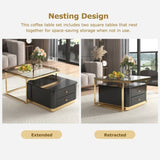 ZUN Modern 2 Pieces Black Square Nesting Coffee Table with Drawers & Electroplated gold legs in 27.6'' 91573413