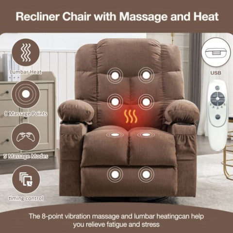 ZUN Massage Rocker Recliner Chair Rocking Chairs for Adults Oversized with 2 Cup Holders, USB Charge 35170573