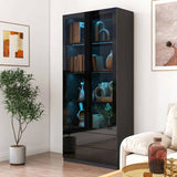 Display Cabinet with Glass Doors, Curio Storage Cabinet with 2-Drawer, Bookcase with LED Lights, W331P279829