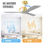 ZUN 52 Inch Indoor Ceiling Fan Without Light 3 Solid Wood Blades Remote Control Reversible DC Motor W882P186028