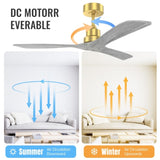 ZUN 52 Inch Indoor Ceiling Fan Without Light 3 Solid Wood Blades Remote Control Reversible DC Motor W882P186028