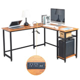 ZUN L-Shaped Desktop Computer Desk with Power Outlets & Shelf Tiger wood 19002762