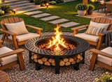 37in Round Double-Layer Wood- Pit with Mesh Grate, Black, with Attached Table Top 03927709