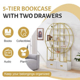 70.8 Inch Round Office Bookcase Bookshelf, Display Shelf, Two Drawers, Gold Frame WF306850AAG