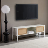 54.33" Rattan TV cabinet with variable color light strip, double sliding doors for storage, W1265121751