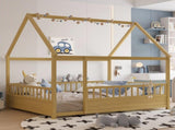 Full Size Floor Wooden Bed with House Roof Frame, Fence Guardrails W1858P310085