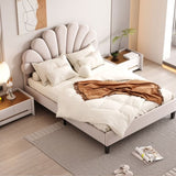 Full Size Upholstered Platform Bed with Flower Pattern Velvet Headboard, Beige WF305290AAA