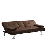 ZUN Sofa Bed with Armrest two holders WOOD FRAME, STAINLESS LEG, FUTON BROWN PVC W2297P164939