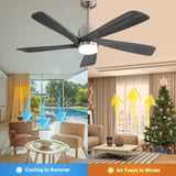 ZUN 52 Inch Modern Ceiling Fan With Dimmable LED Light 5 Solid Wood Blades Remote Control Reversible DC W882P151478