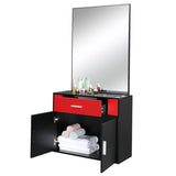 ZUN 15% E0 chipboard linen top 1 drawer 1 door with mirror Salon cabinet black and red 87943446