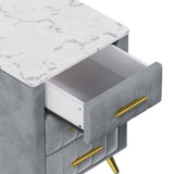 Upholstered Wooden Nightstand with 3 Drawers and Metal Legs&Handles, Bedside Table with Marbling N733P208520E