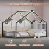 Full size children's bed frame with LED light strips, roof-shaped iron frame bed, Black,78.5" L x 17173656