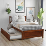 Twin size Platform Bed Wood Bed Frame with Trundle, Walnut WF194302AAD