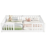 Double Twin Floor Bed with Fence, Guardrails, without door, White 37744042