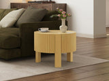 Round Fluted Side Table with Storage for Living Room, Rubber Solid Wood, Soft-close Door, Natural, N735P369881N