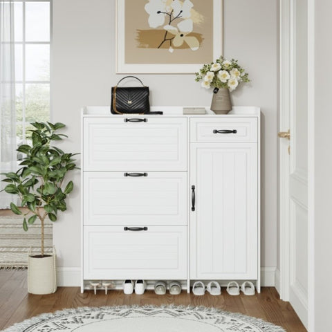ZUN White color shoe cabinet with 4 doors 1 drawers,PVC door with shape ,large space for storage W1320P147738