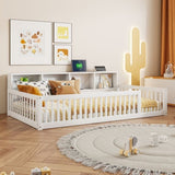 Wood Twin XL Size Floor Bed with Storage Cabinets and USB Ports, White N709P205811K