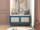 TREXM Boho Rattan Entryway Bench with Storage, Cushioned Shoe Bench with Double Doors, Wooden Shoe N715P308012M