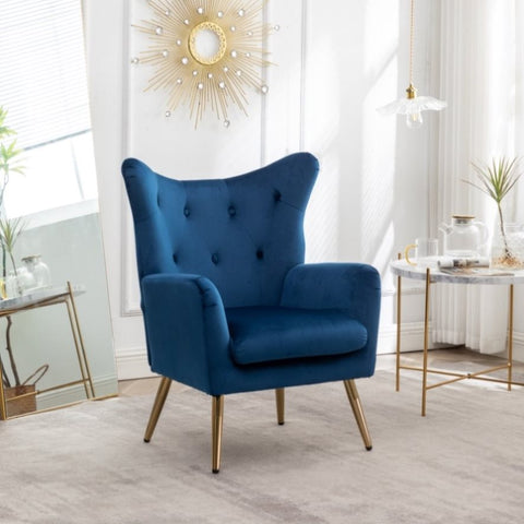 ZUN Sovarol Velvet Button-Tufted Wing Back Accent Chair, Blue T2574P164251
