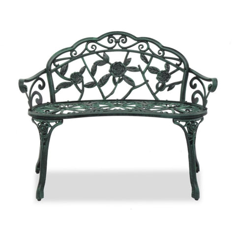 ZUN Outdoor Cast Aluminum Patio Bench, Porch Bench Chair with Curved Legs Rose Pattern, Antique Green 56157164