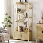 ZUN Rattan bookshelf 7 tiers Bookcases Storage Rack with cabinet for Living Room Home Office, Natural, 81459635