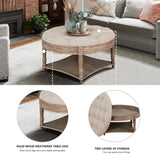 ZUN Large Round Waterproof Ottoman Coffee Table 2 Tier Oversized Button Tufted Ottoman with Wooden Shelf W1445P175897