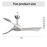 ZUN 52 Inch Ceiling Fan Without Light 6 Wind Speed Timing Function 3 Solid Wood Blade Reversible DC W934P200057