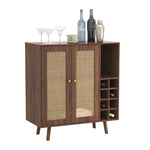 ZUN Bohemian Bar Cabinet, Natural Rattan Doors, Removable Wine Rack in Walnut B064P191193