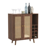 ZUN Bohemian Bar Cabinet, Natural Rattan Doors, Removable Wine Rack in Walnut B064P191193