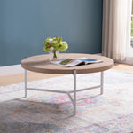 ZUN 36.5" Round Coffee Table with White Metal Legs, Weathered White & White B107131307