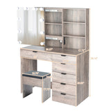 ZUN Particleboard Triamine Veneer 6 Drawers 2 Shelves 3 Light Bulbs Mirror Cabinet Dressing Table Set 45271452