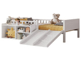 Twin Size Low Loft Bed for Kids with Slide, Movable Bookshelf Storage, Guardrails, Low Loft Bed W2593P437109
