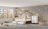 ZUN White Twin Size Wooden House Bed Original Wood Colored Frame with Two Drawers and Bookshelf Storage WF531033AAK