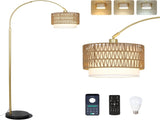 Arc Floor Lamp for bedroom with Rattan & Linen Shades, Gold Floor Lamp with Remote & Dimming Bulb, W2738P227439