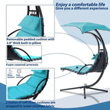 ZUN 53.15 in. Outdoor Teal Hanging Curved Lounge Chair Steel Hammocks Chaise Swing with Built-In Pillow 35341887