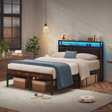 Queen Size Metal Platform Bed Frame with Adjustable Upholstered Headboard, Charging Station, LED W1903P195337