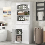 White Bathroom Storage Cabinet with Two Doors, Drawers, Adjustable Shelf & Three Open Shelves N725P252486K