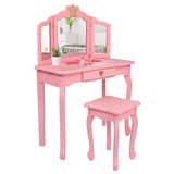 Children's Wooden Dressing Table Three-Sided Folding Mirror Dressing Table Chair Single Drawer Pink 80607210