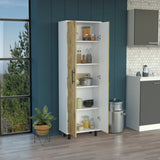 ZUN Multistorage Cabinet 71"H, Five Internal Shelves, Two Doors, White/Macadamia B097133047