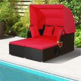 Red Rattan Daybed Lounge W/ Retractable Top Canopy Side Tables Cushions 56967008