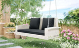 ZUN 2-Person Wicker Hanging Porch Swing with Chains, Cushion, Pillow, Rattan Swing Bench for Garden, 32760469