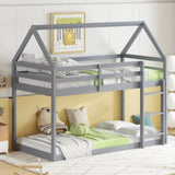 Twin over Twin Rubber Wood Floor Bunk Bed, with ladder,Guardrails,House-Shaped-Bunk Bed,Grey W504P206863