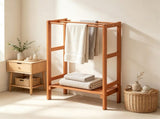 Natural Hardwood Towel Rack, Freestanding Blanket Stand with 3 Hanging Bars & Bottom Storage Shelf, 78960066